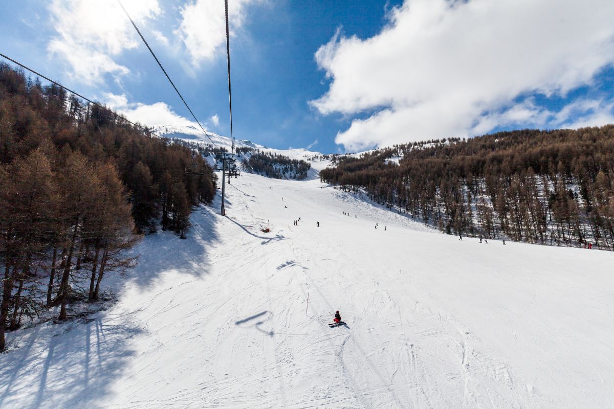 A sunny day on the ski resort slope.