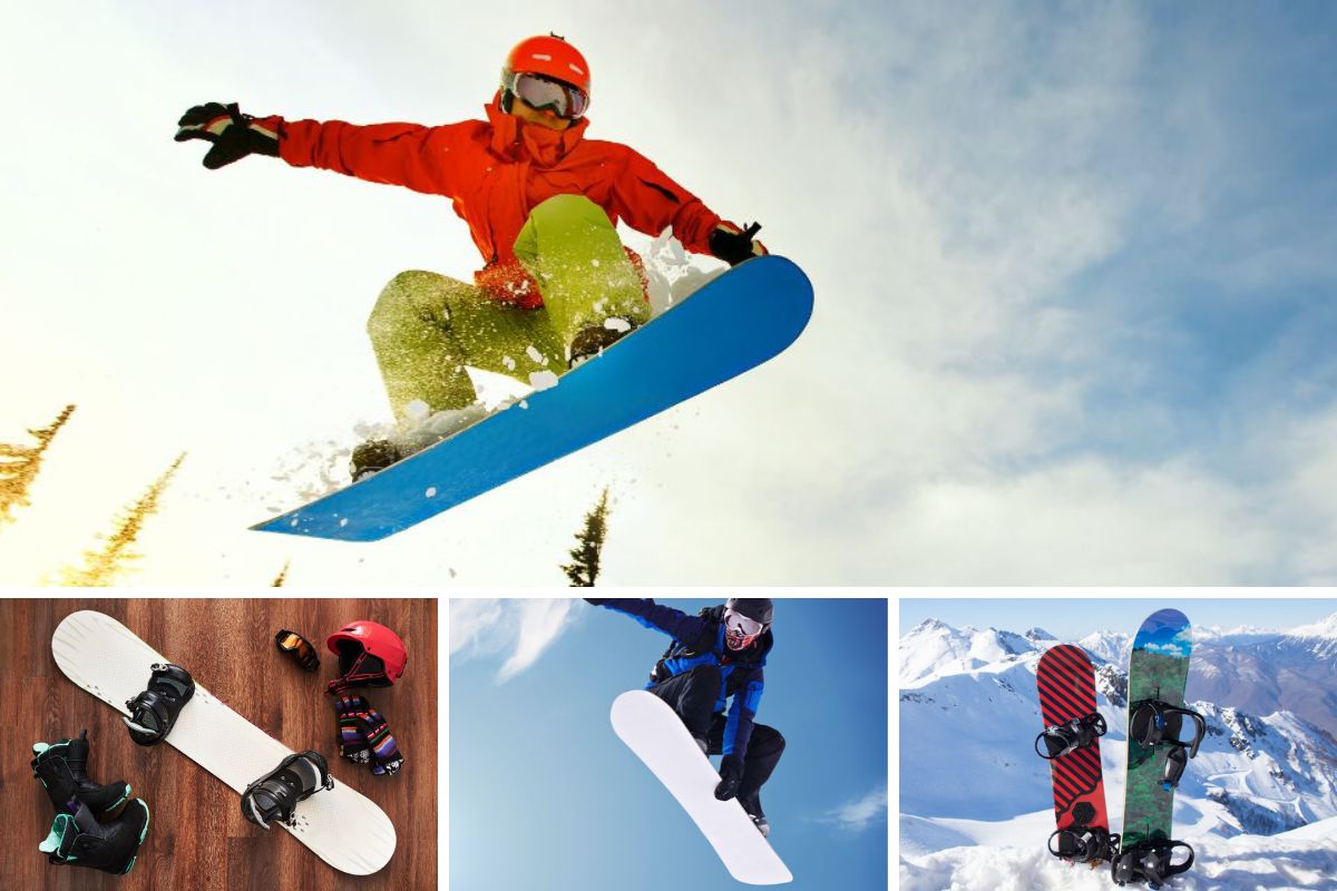 A collage of different types of Snowboards.